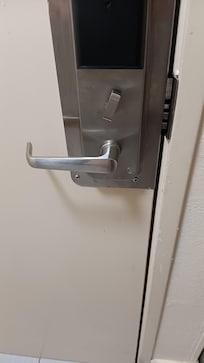 Deadbolt "engaged".
The deadbolt does not enter the doorframe and can not enter the doorframe due to misalignment.