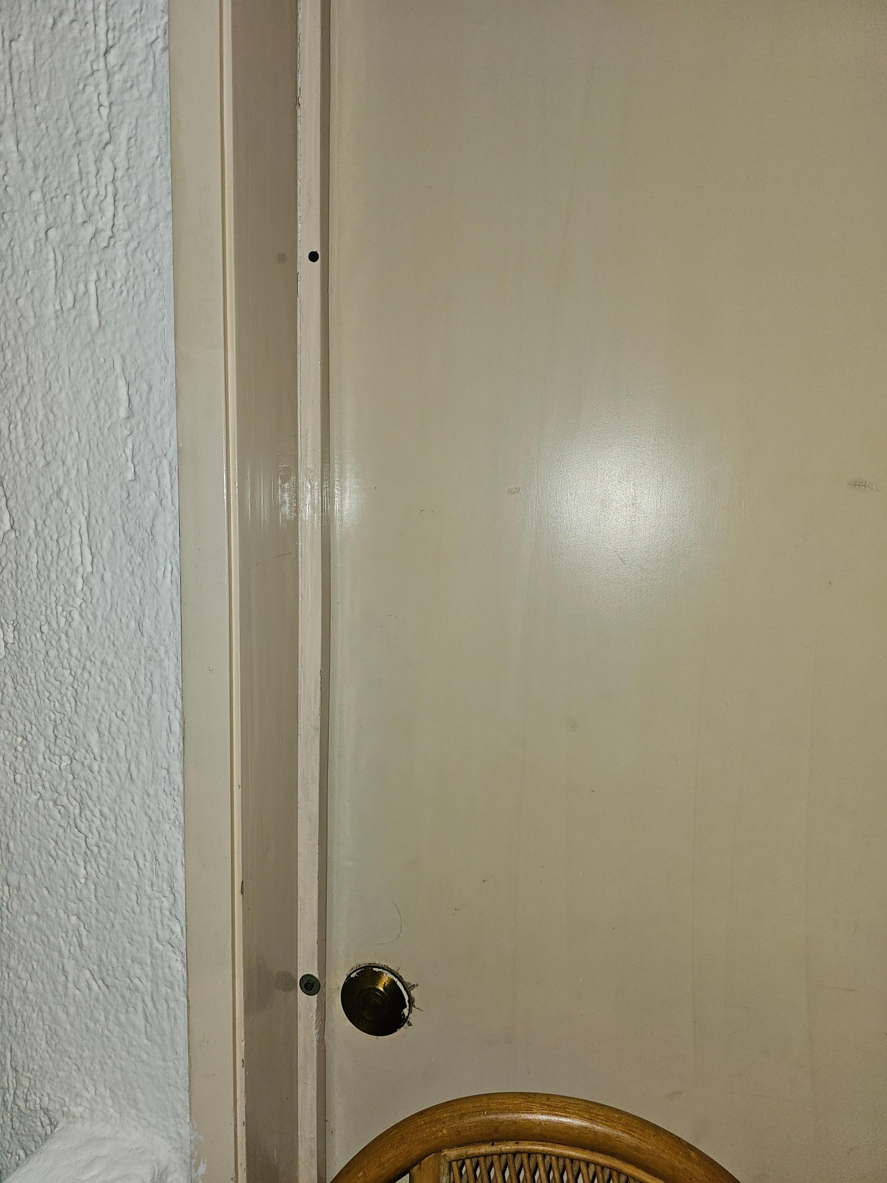 Screwed door shut because people in other room came in roaming around.
Good thing 1 of us was in room. No apologies  