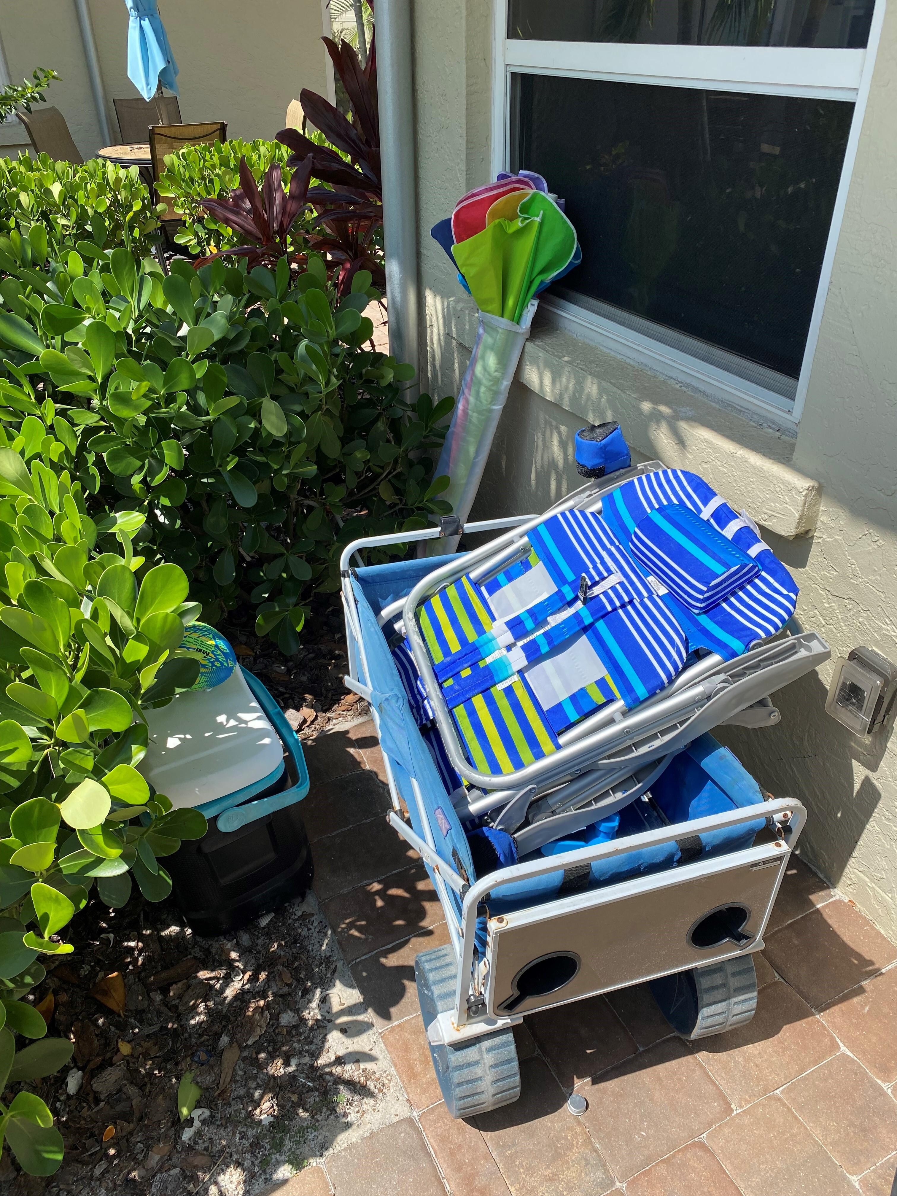 Cart, chairs, umbrella