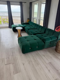 Living room with weird bondage type couch