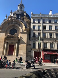 The apartment building and the church from across the street.
