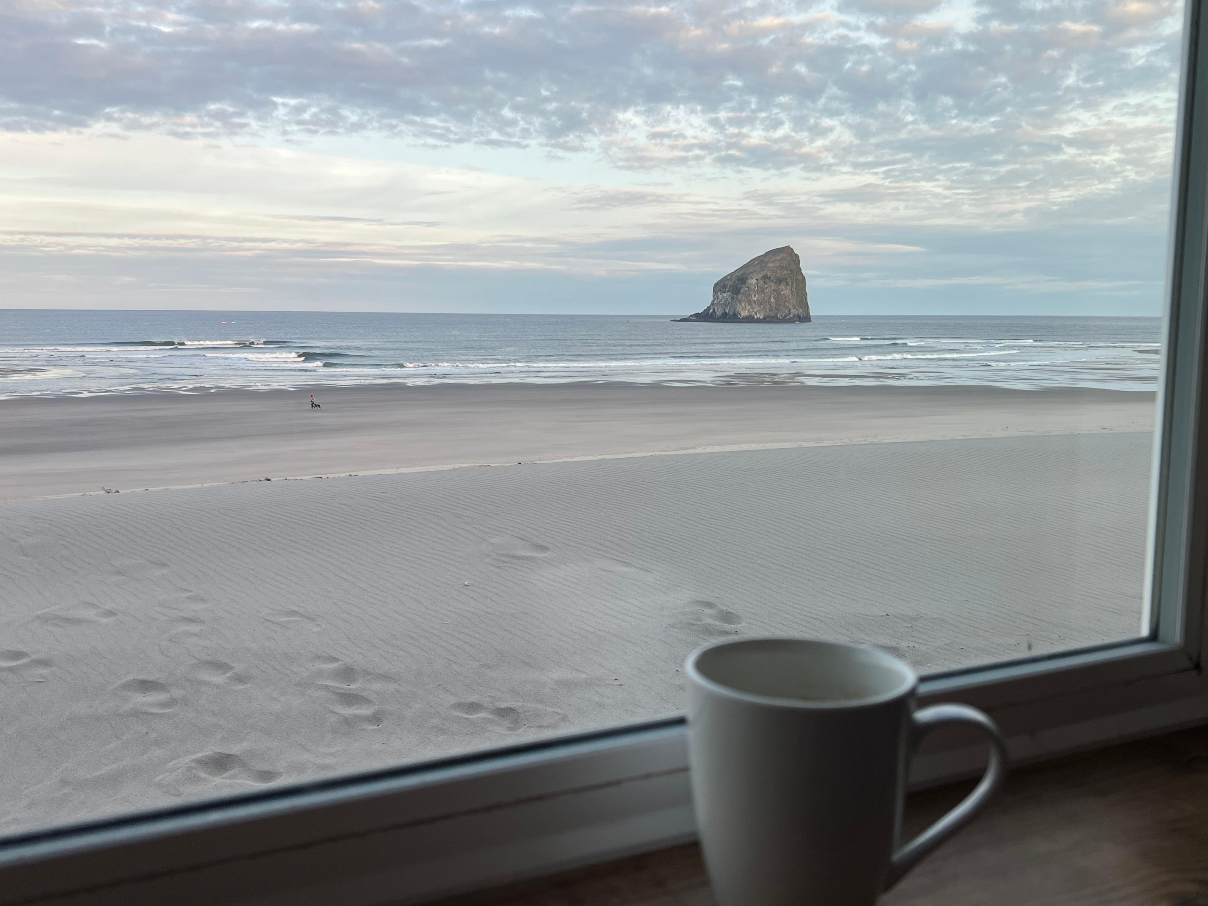 Coffee with a view after a run on the beach.