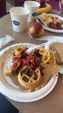 Two types of waffle batter and extensive waffle bar