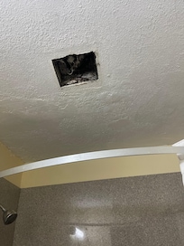 Hole in ceiling of the bathroom, where the fan was