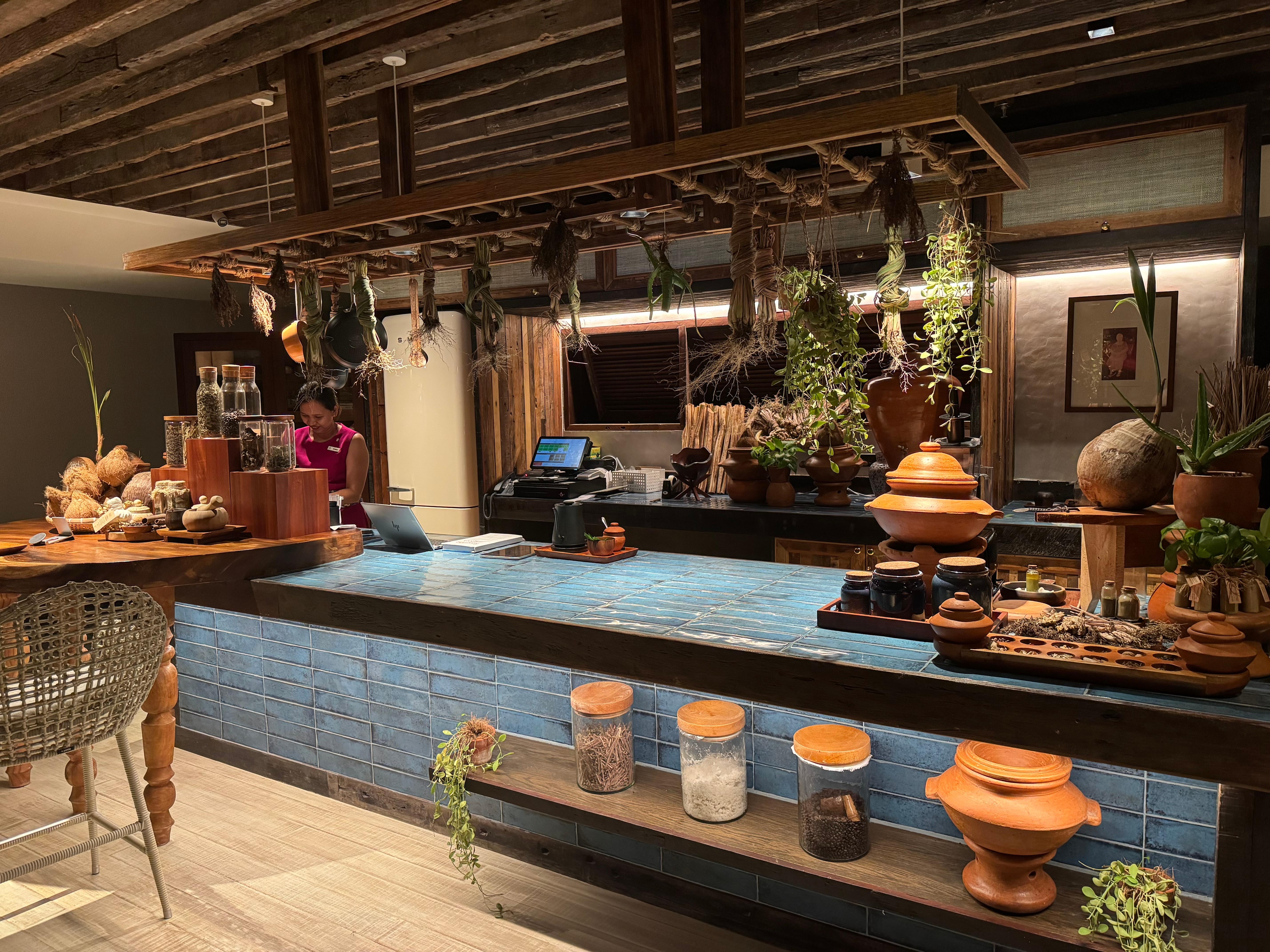 Spa “kitchen” where guests can make their own concoction of locally grown herbs, spices, oils to use for their massage
