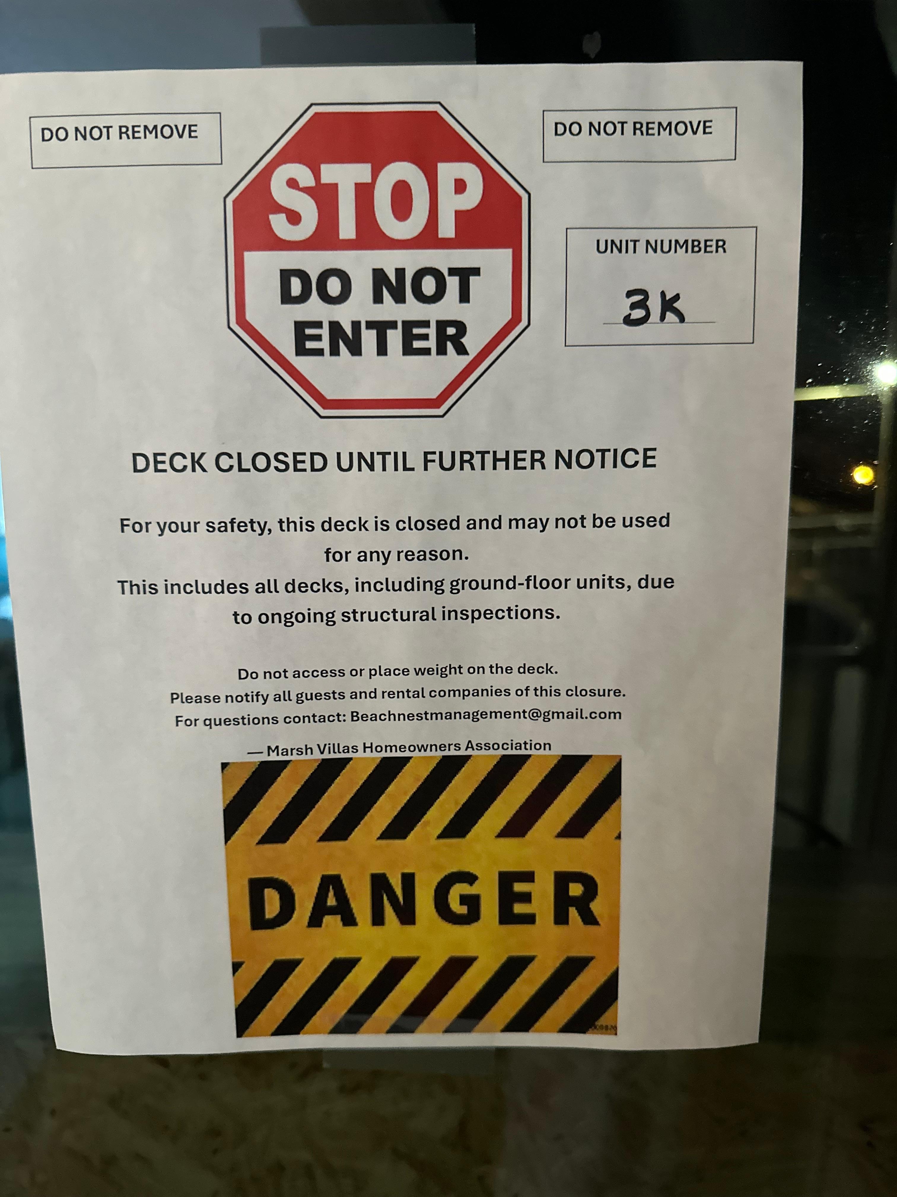 This was taped to the sliding glass door when we opened the curtain to see what kind of view we had.  Again was not disclosed and it literally says to disclose to guests.