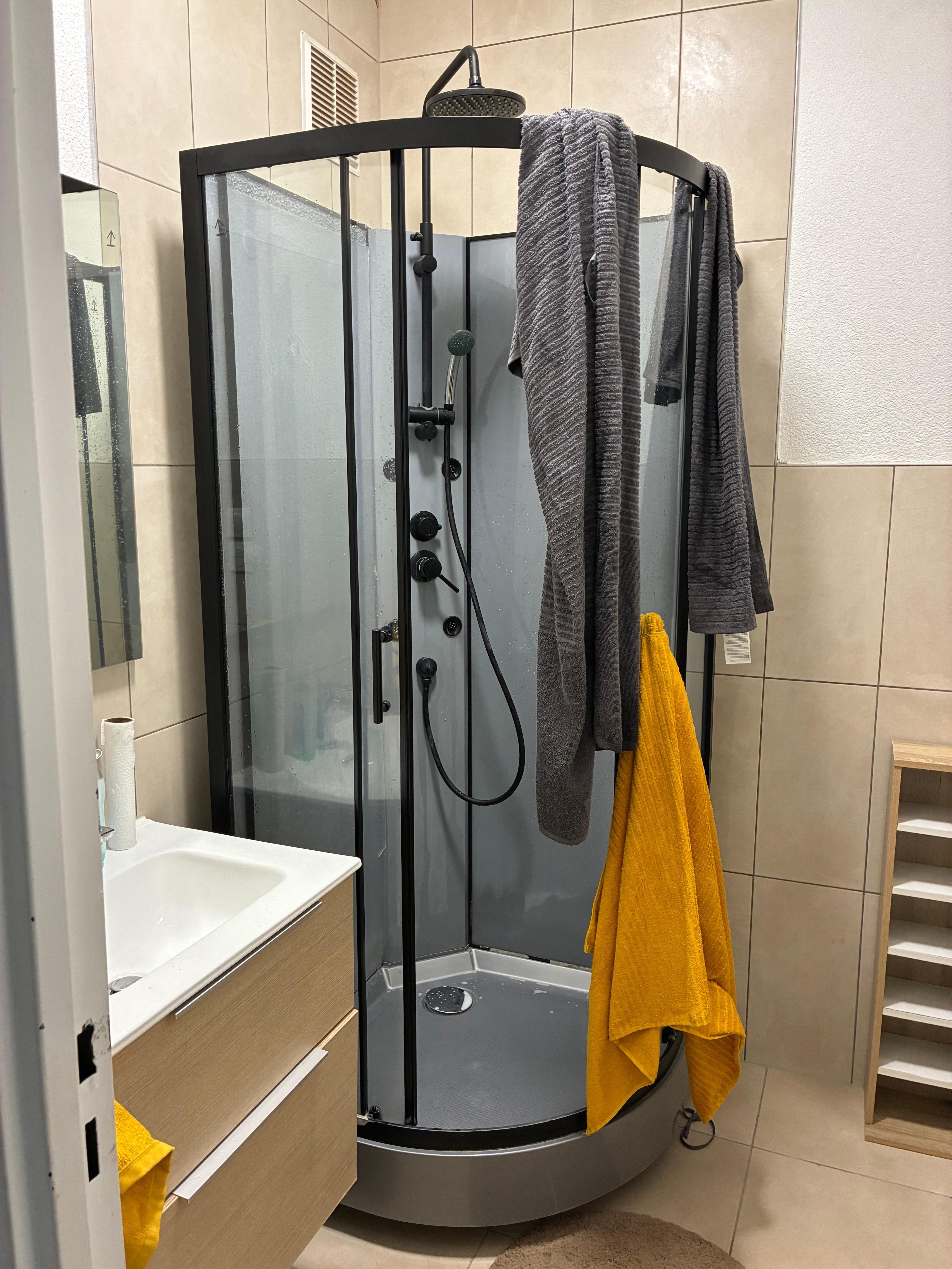 Cabine de douche au lieu de la baignoire. La salle de bain n’est pas plus grande que ce qu’on voit sur la photo.