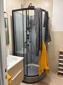 Cabine de douche au lieu de la baignoire. La salle de bain n’est pas plus grande que ce qu’on voit sur la photo.