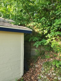 Cottage very close to wooded hill/tall trees.