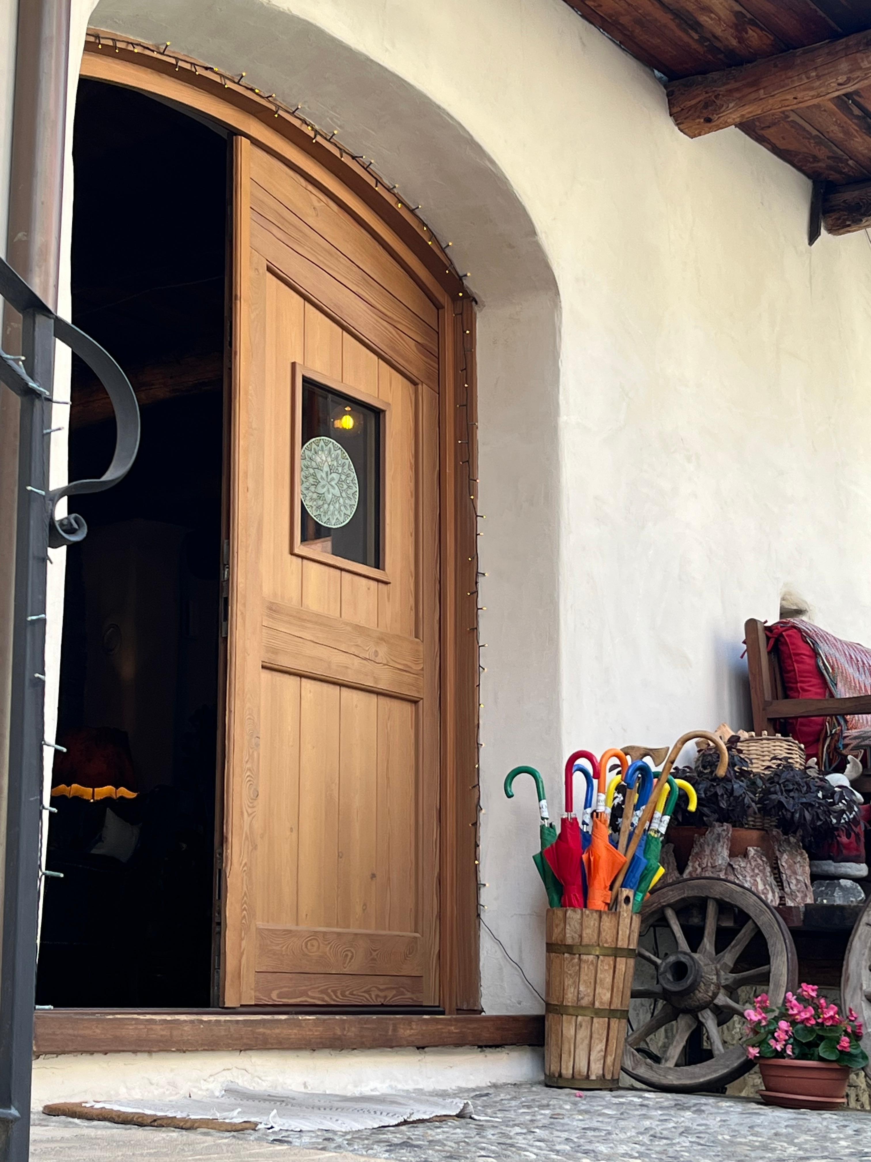 Entry door with colorful umbrellas