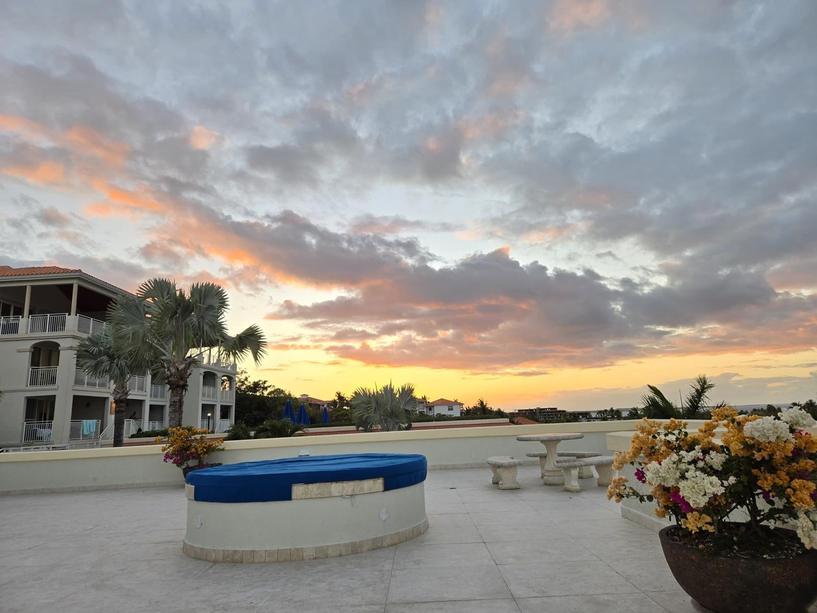 Beautiful sunset view from pools.