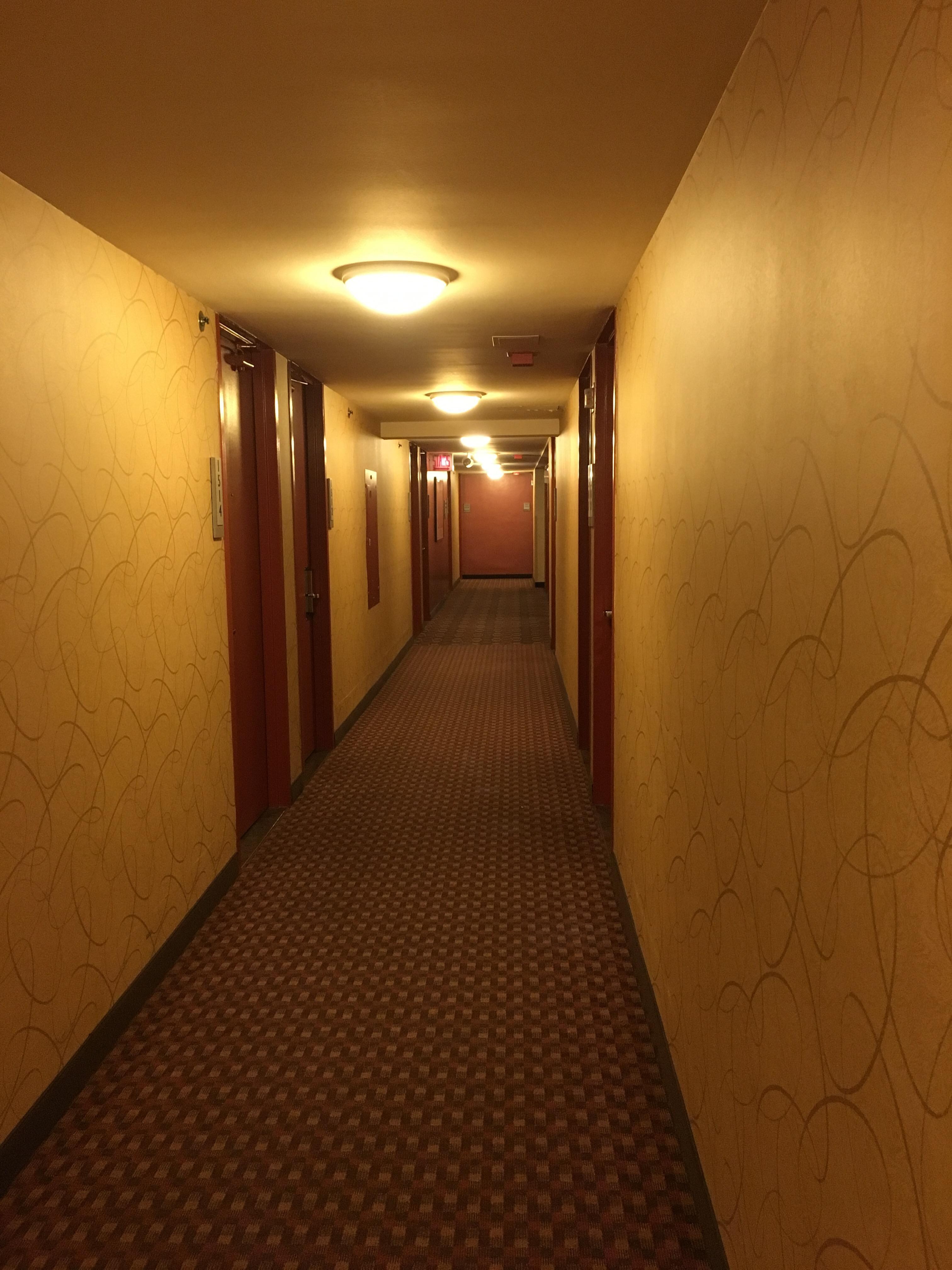 Hallway of floor 15. Ill lighting and creepily outdated