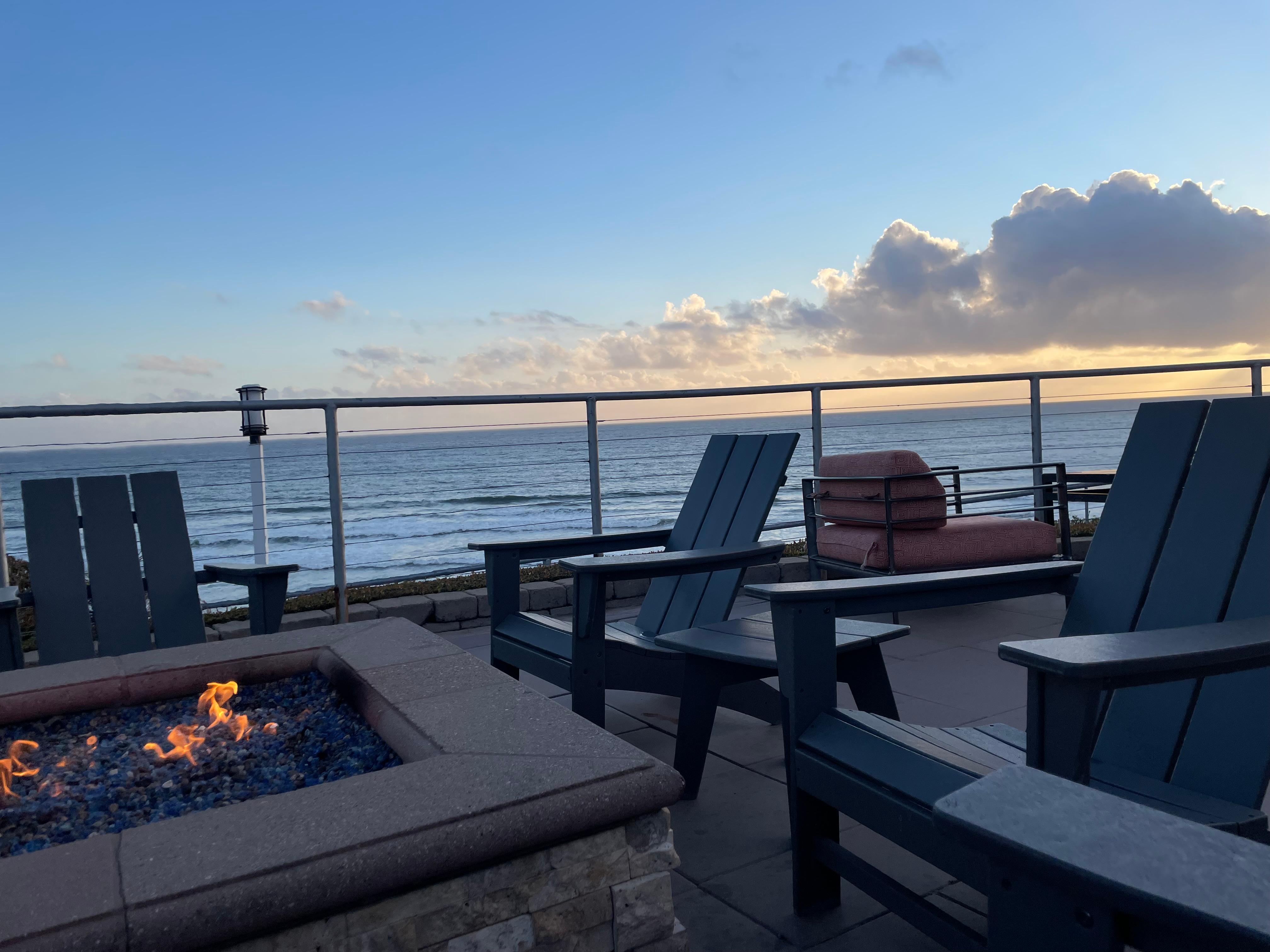 View from terrace seating with fireplace 