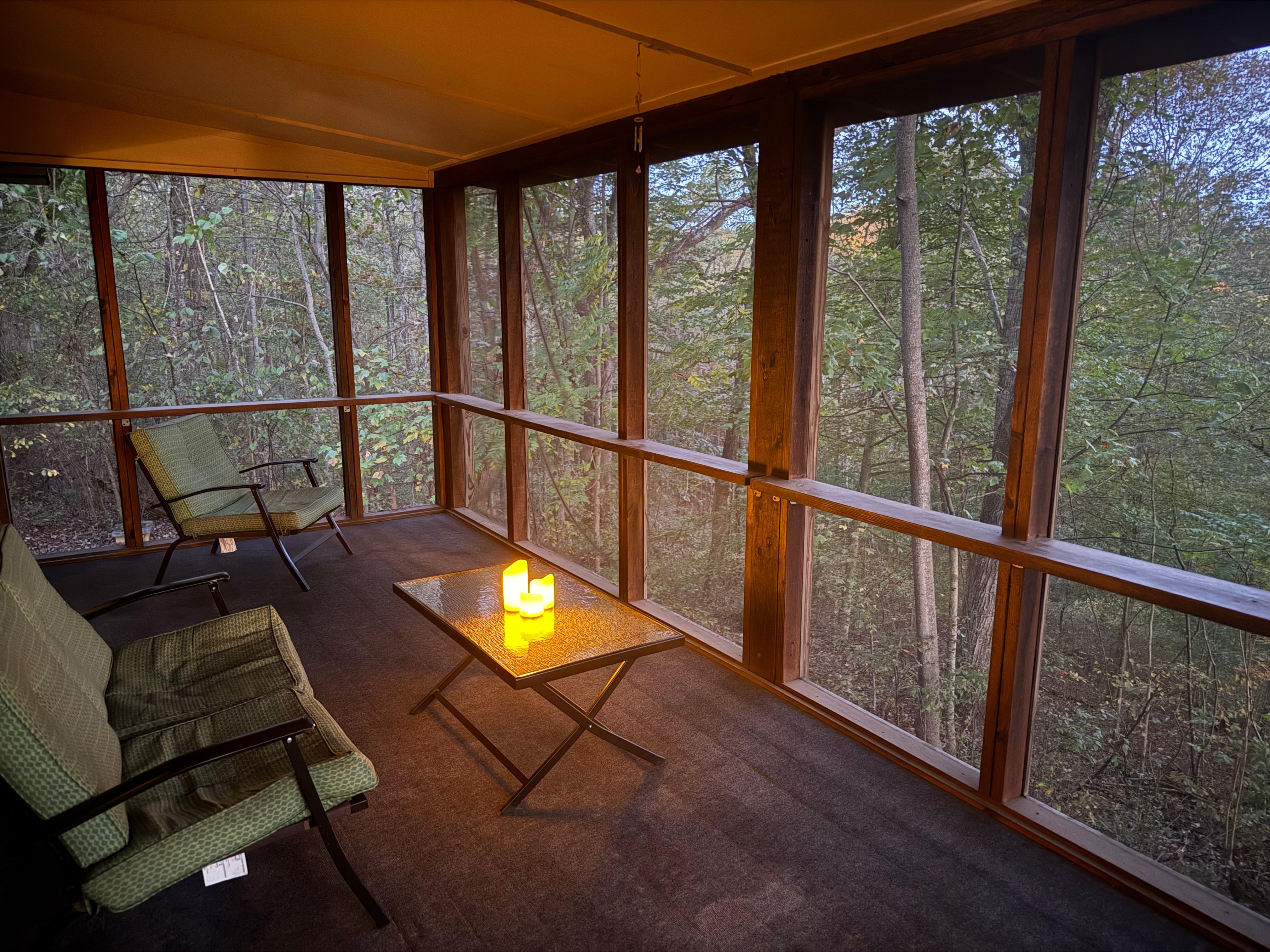 The enclosed porch. We brought battery operated candles for ambience. 