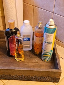 Multiple bottles of mult-use items left everywhere.