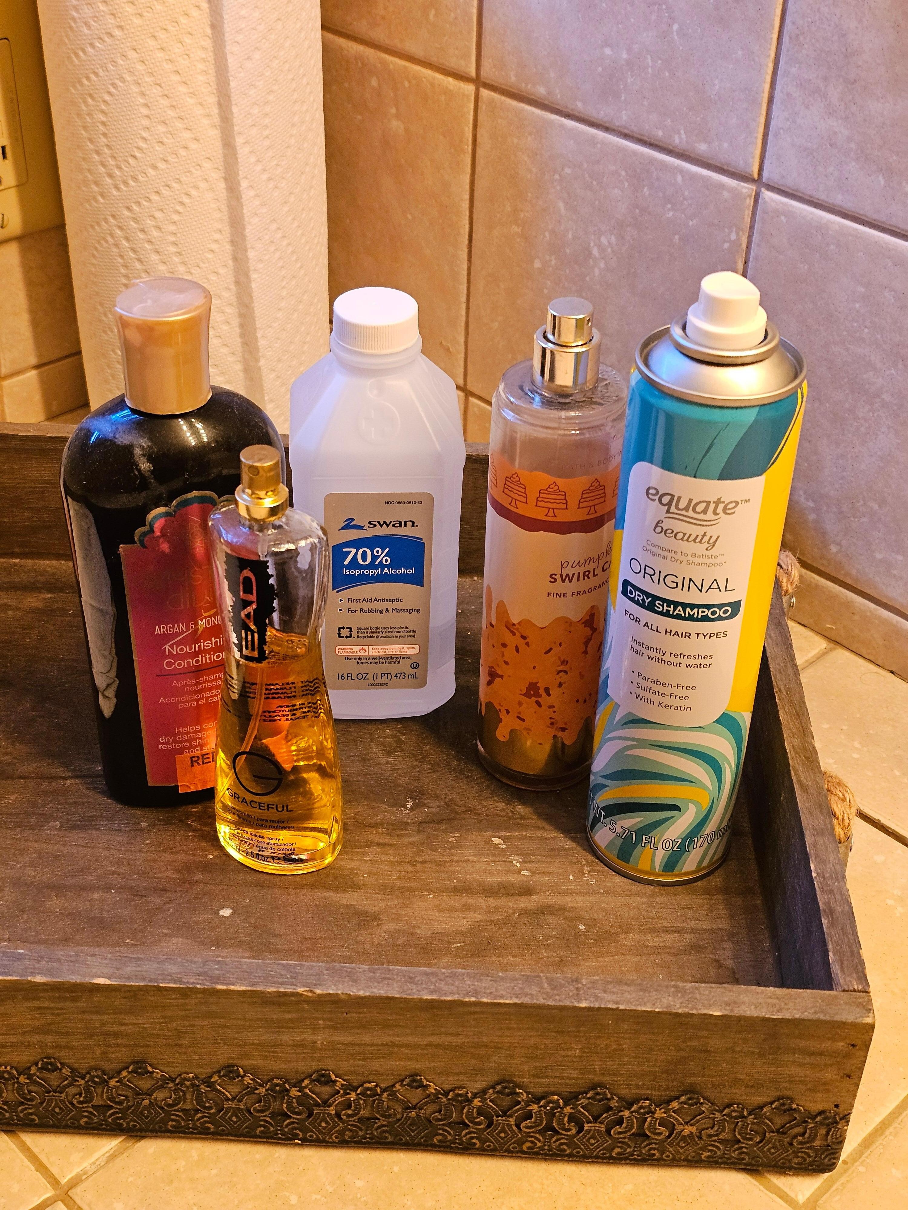 Multiple bottles of mult-use items left everywhere.
