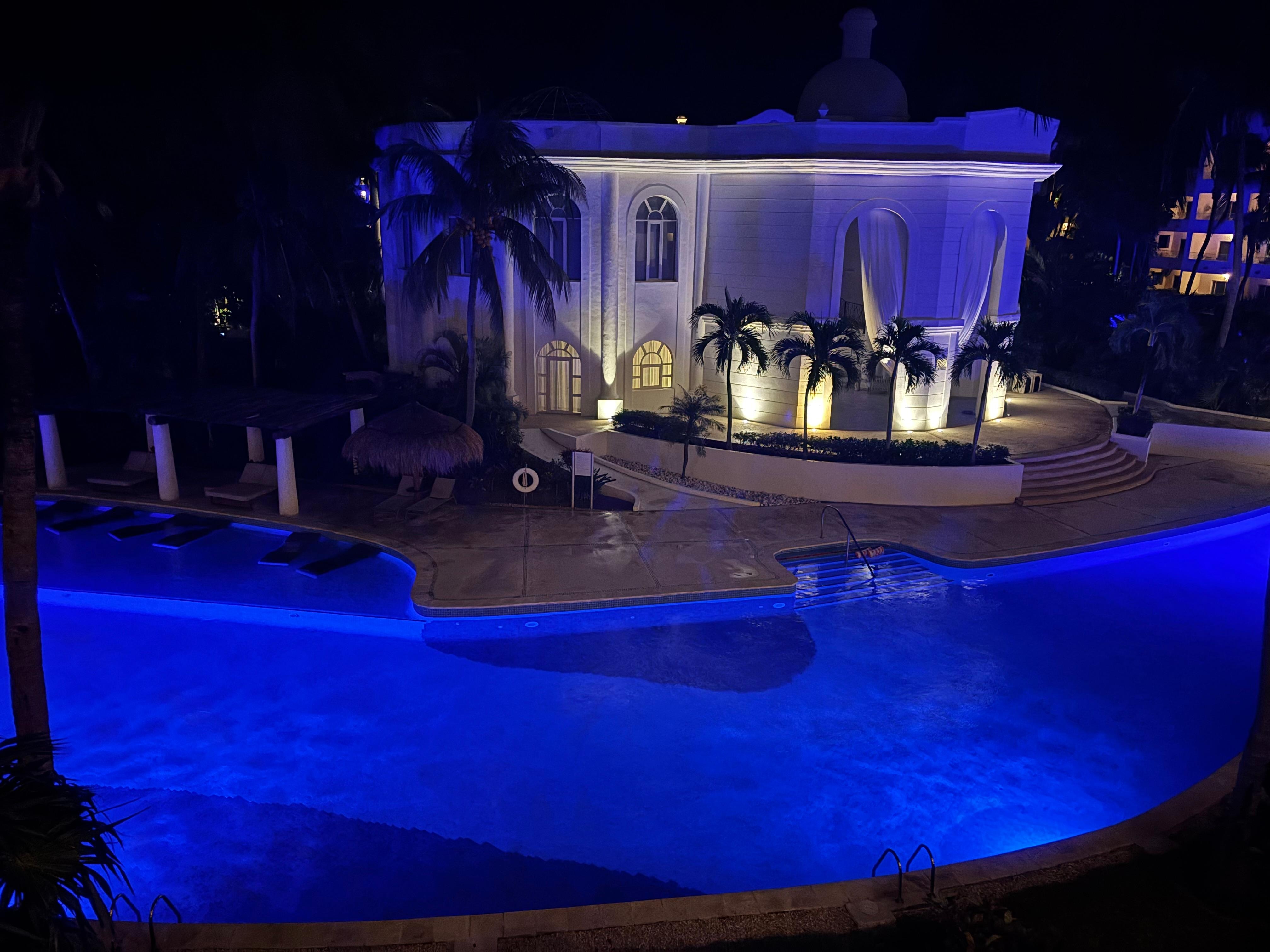 Night view from balcony facing spa