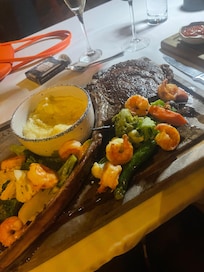 Amazing tomahawk steak at the Saltwater Restaurant on site Beach side