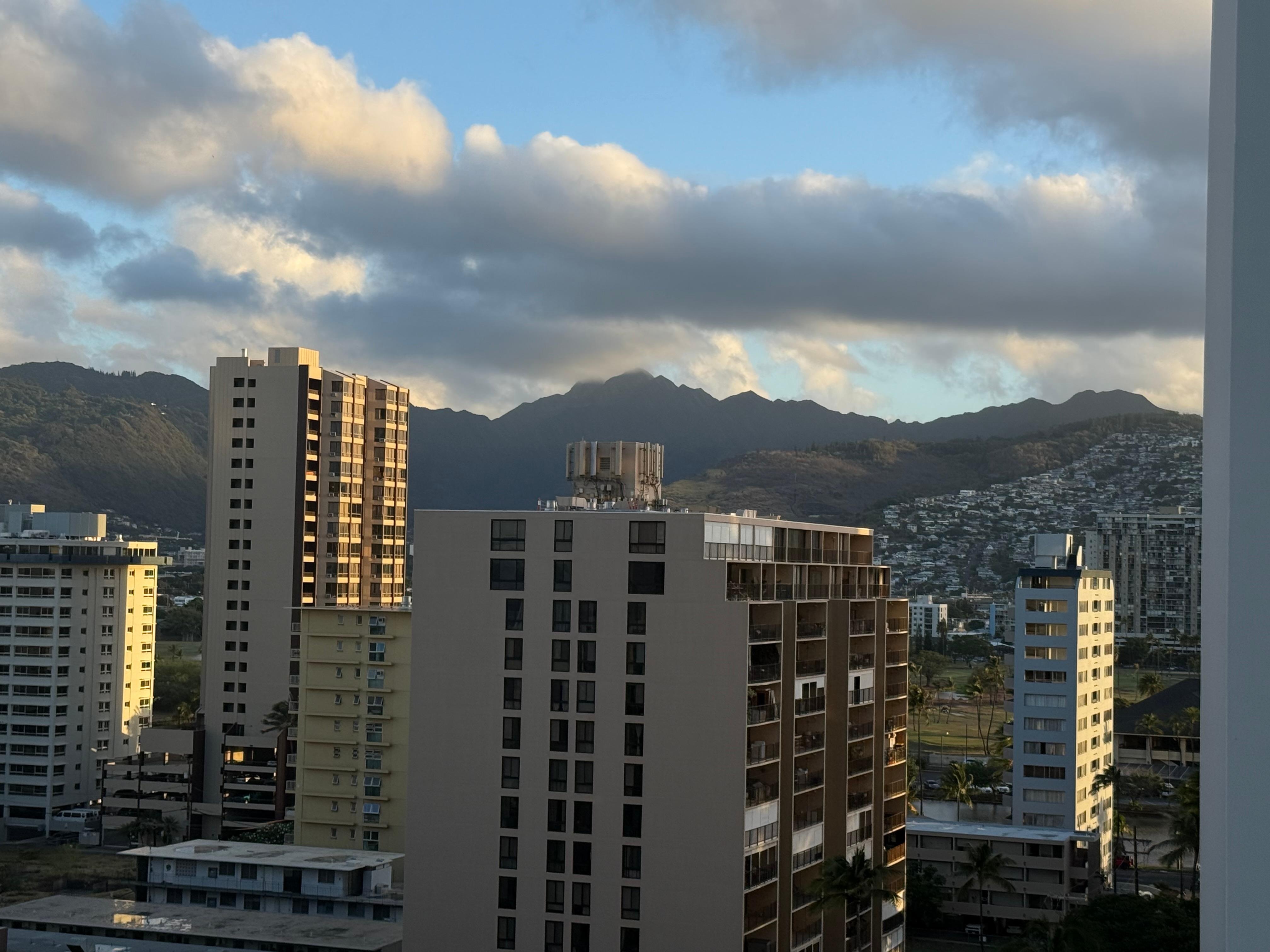 Looking to the right from lanai is Diamond Head. 