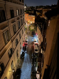 Looking down from the patio balcony. The streets are very lively.