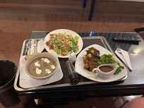 Steak, Caesar salad and mushroom soup