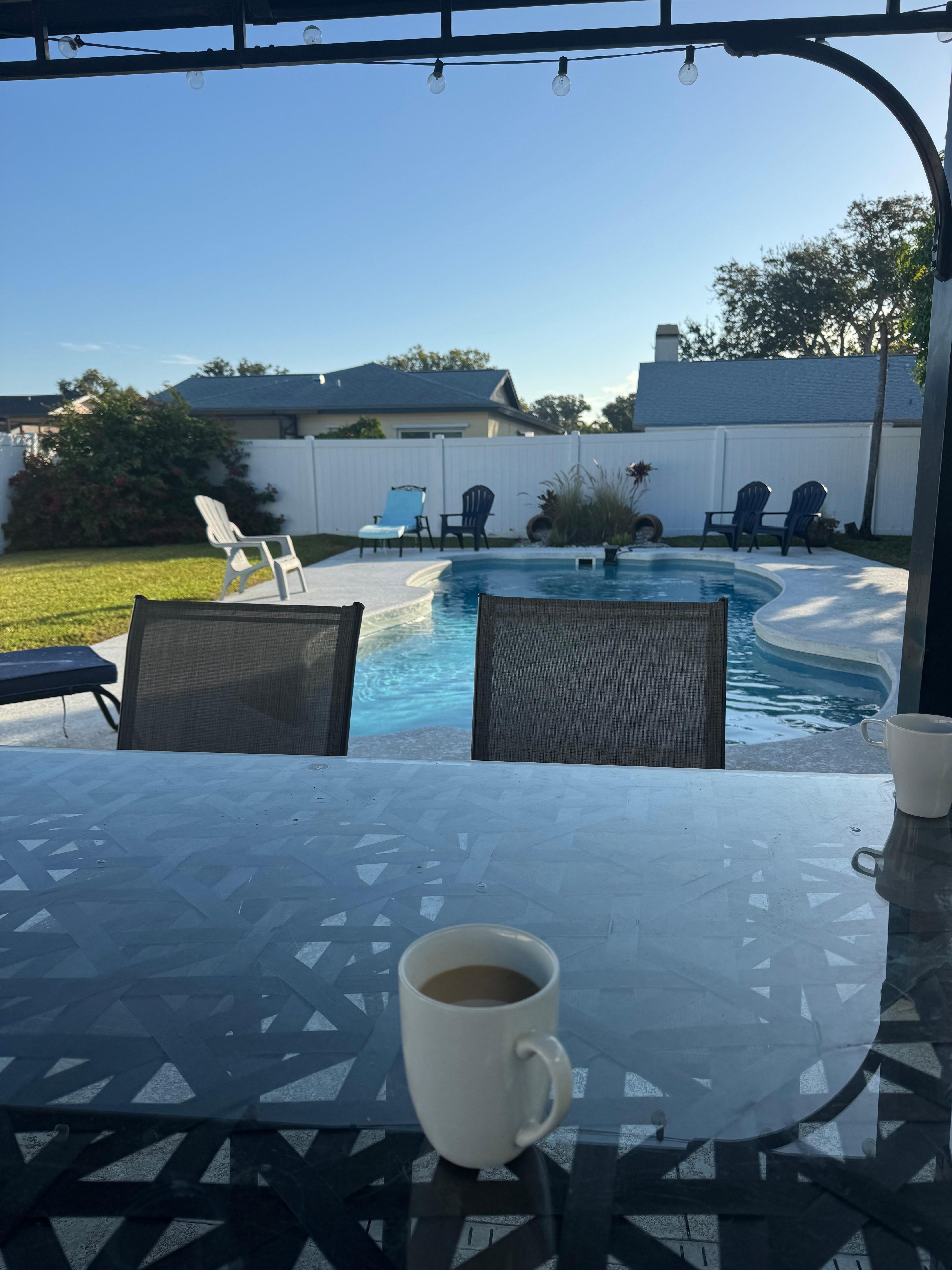 Morning coffee on the back patio. 