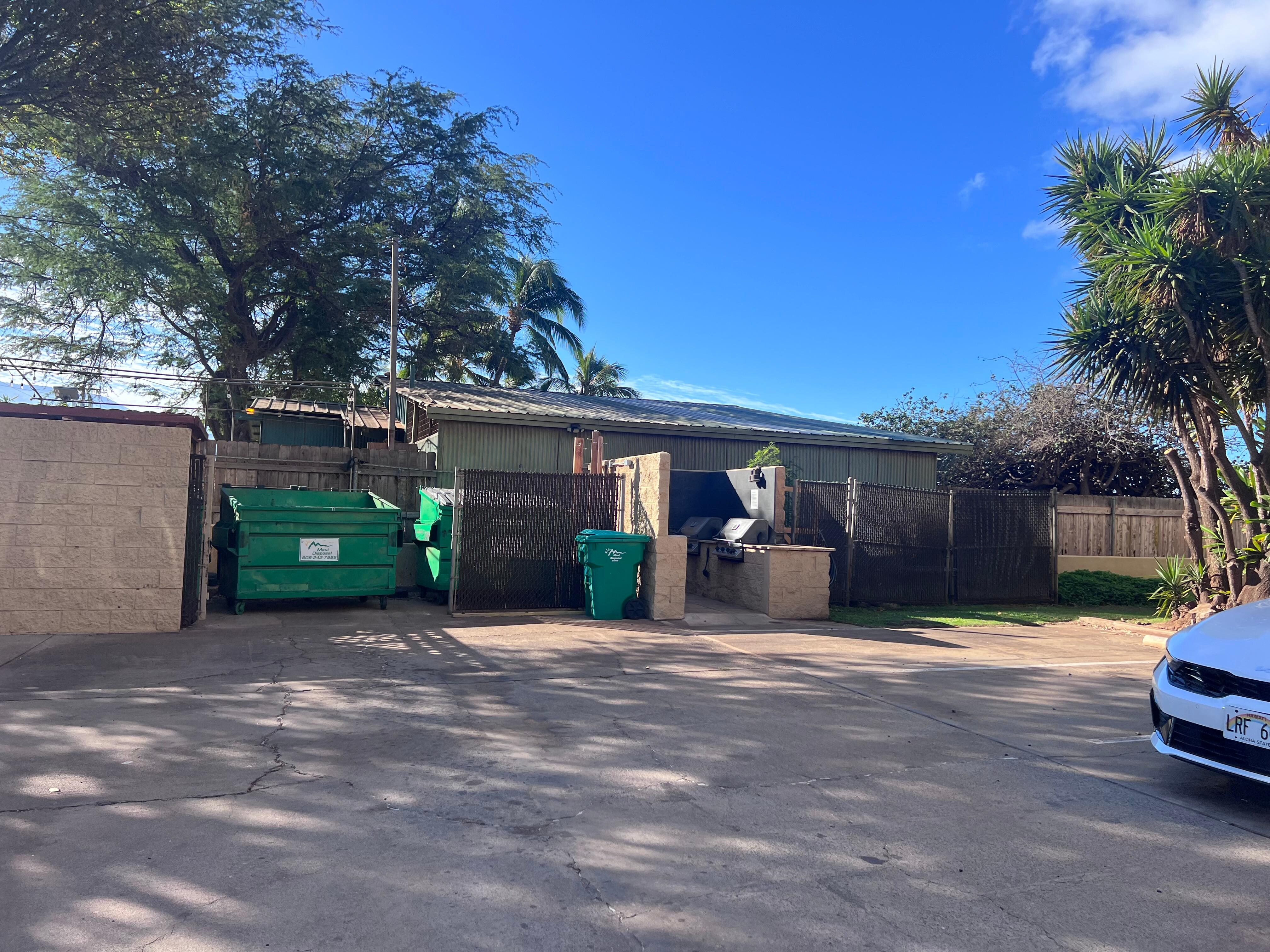 The dumpsters and grill set up. 