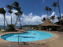 Saltwater pool & Gazebo Restaurant.
