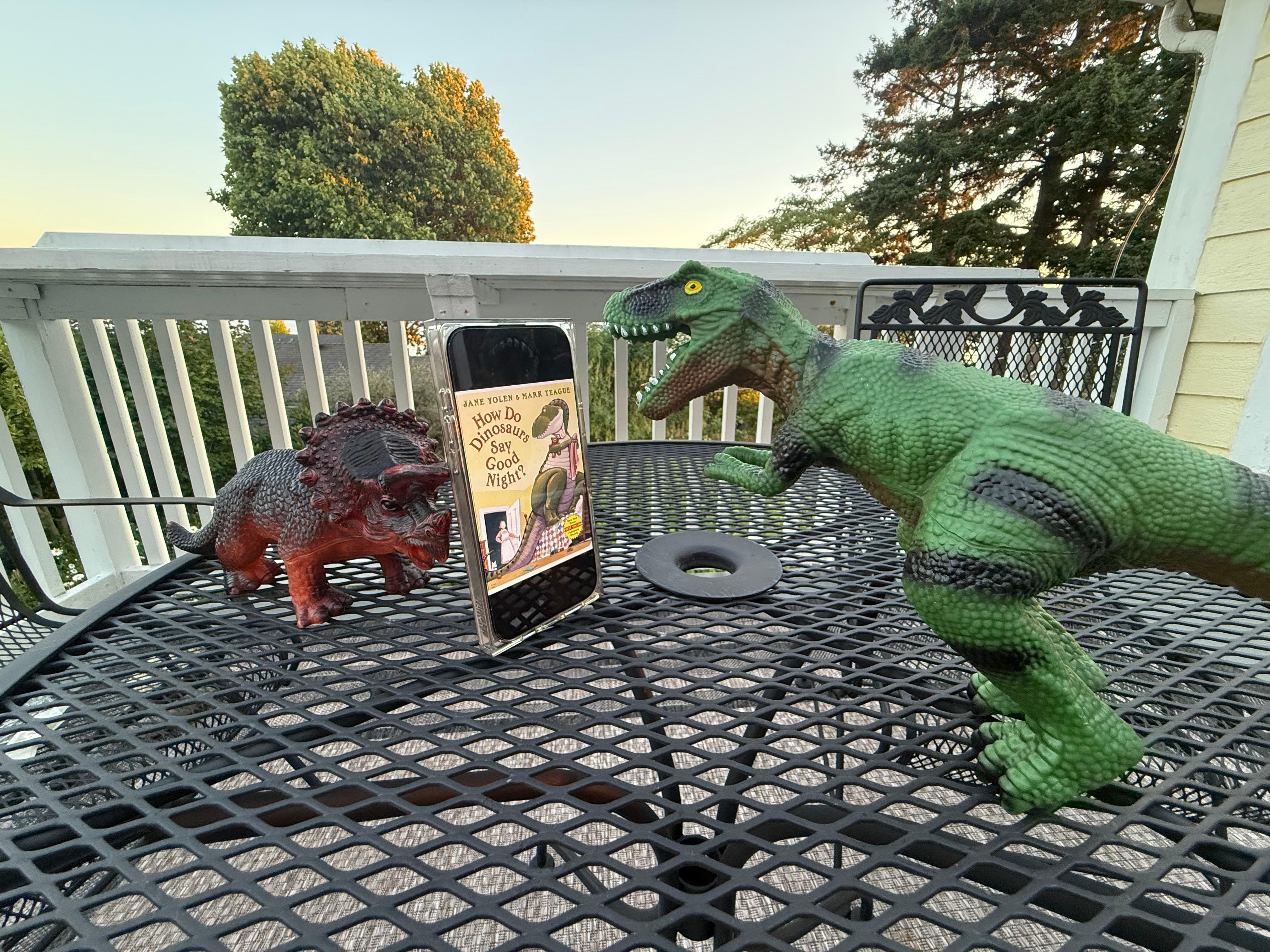 Peaceful evening on the deck (as shown to our 3 year old grandson using his dinosaurs)
