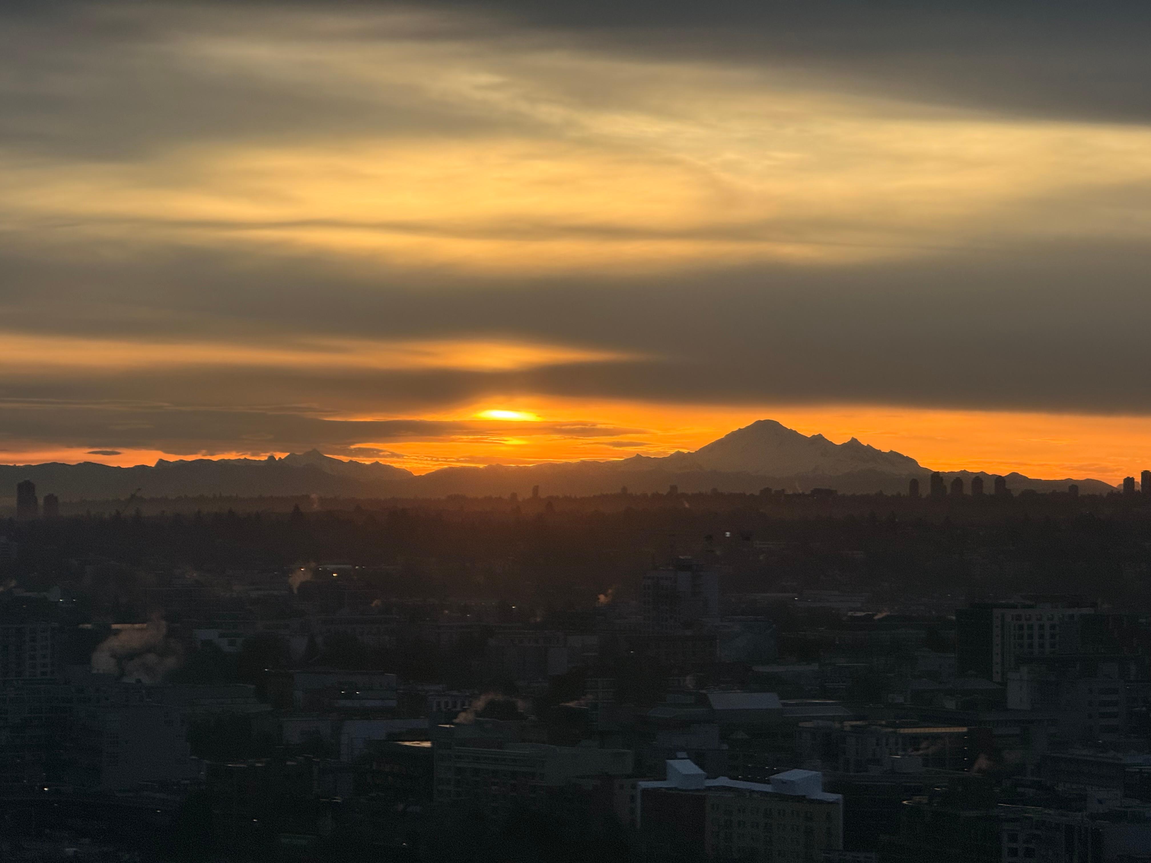 The beautiful sunrise over Mount Baker looking east 