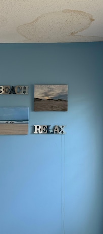 Stains in wall and ceiling of master bedroom not in listing photos.