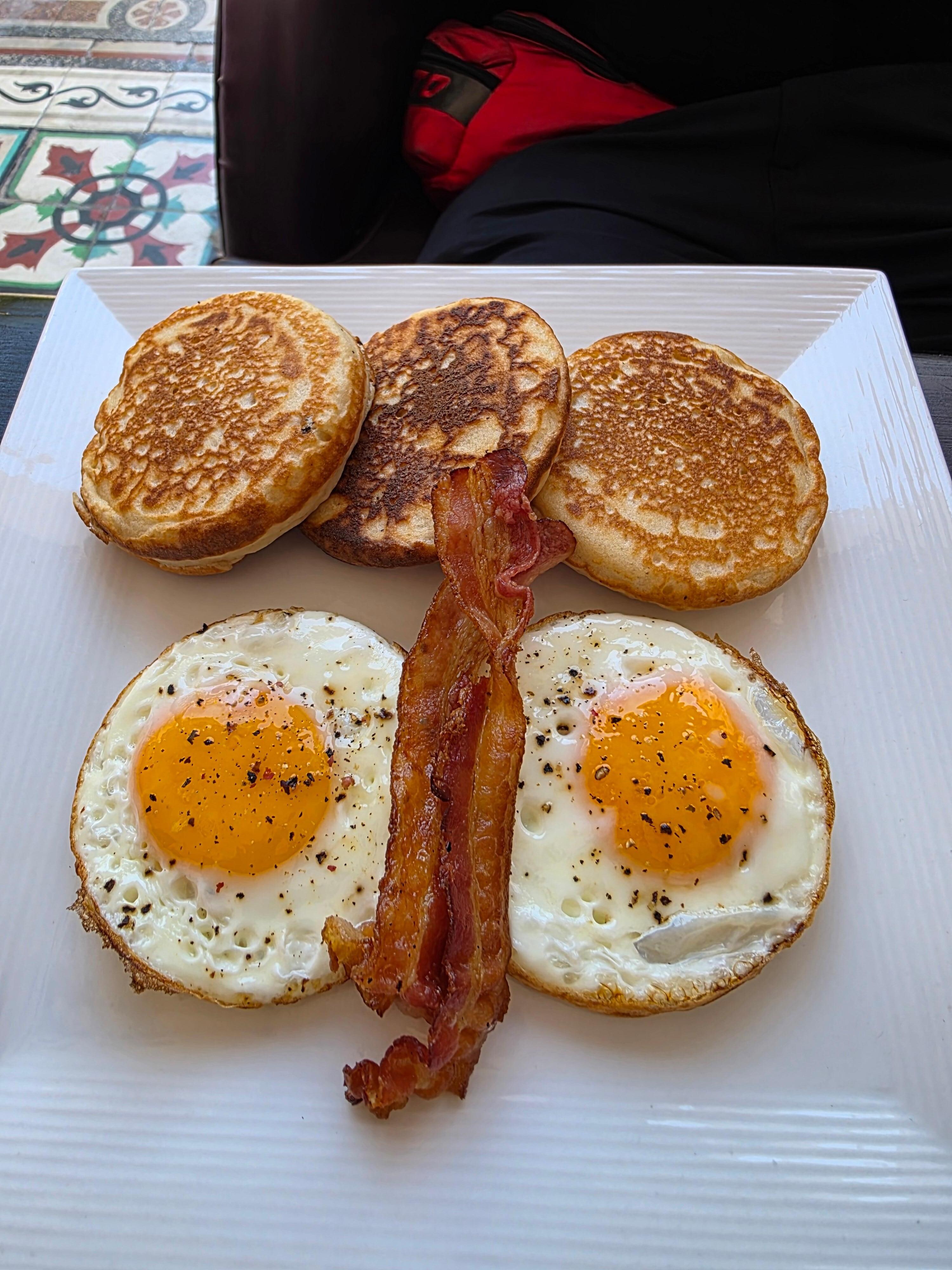 Breakfast, eggs, pancakes and bacon