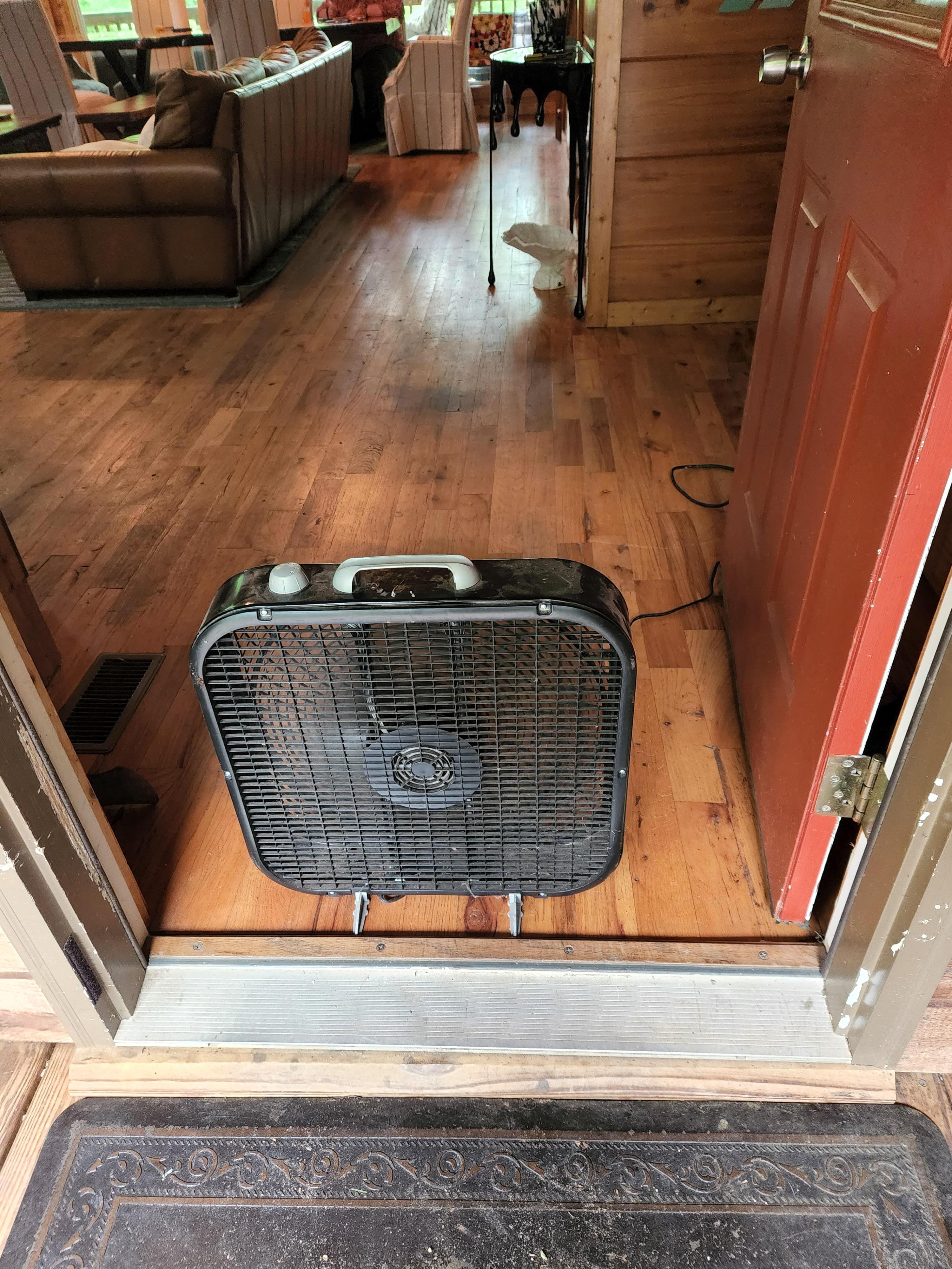 Fan in the door way which we had to leave open because it was much cooler outside