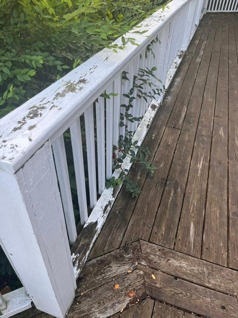 Weed tree impeding deck in need of power washing and re-staining