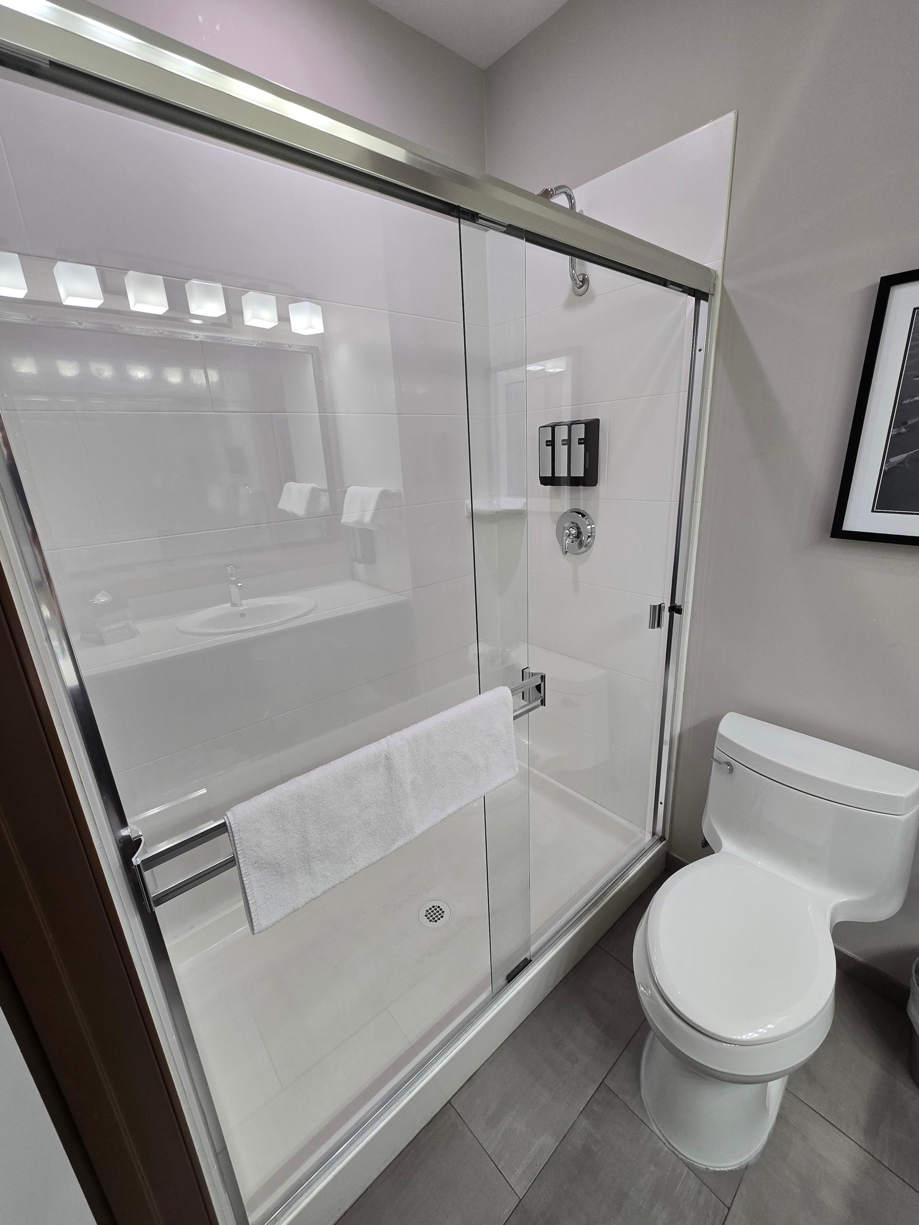 Nice bathroom, but the fan doesn't work. Shower was a good size. 