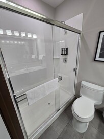 Nice bathroom, but the fan doesn't work. Shower was a good size.