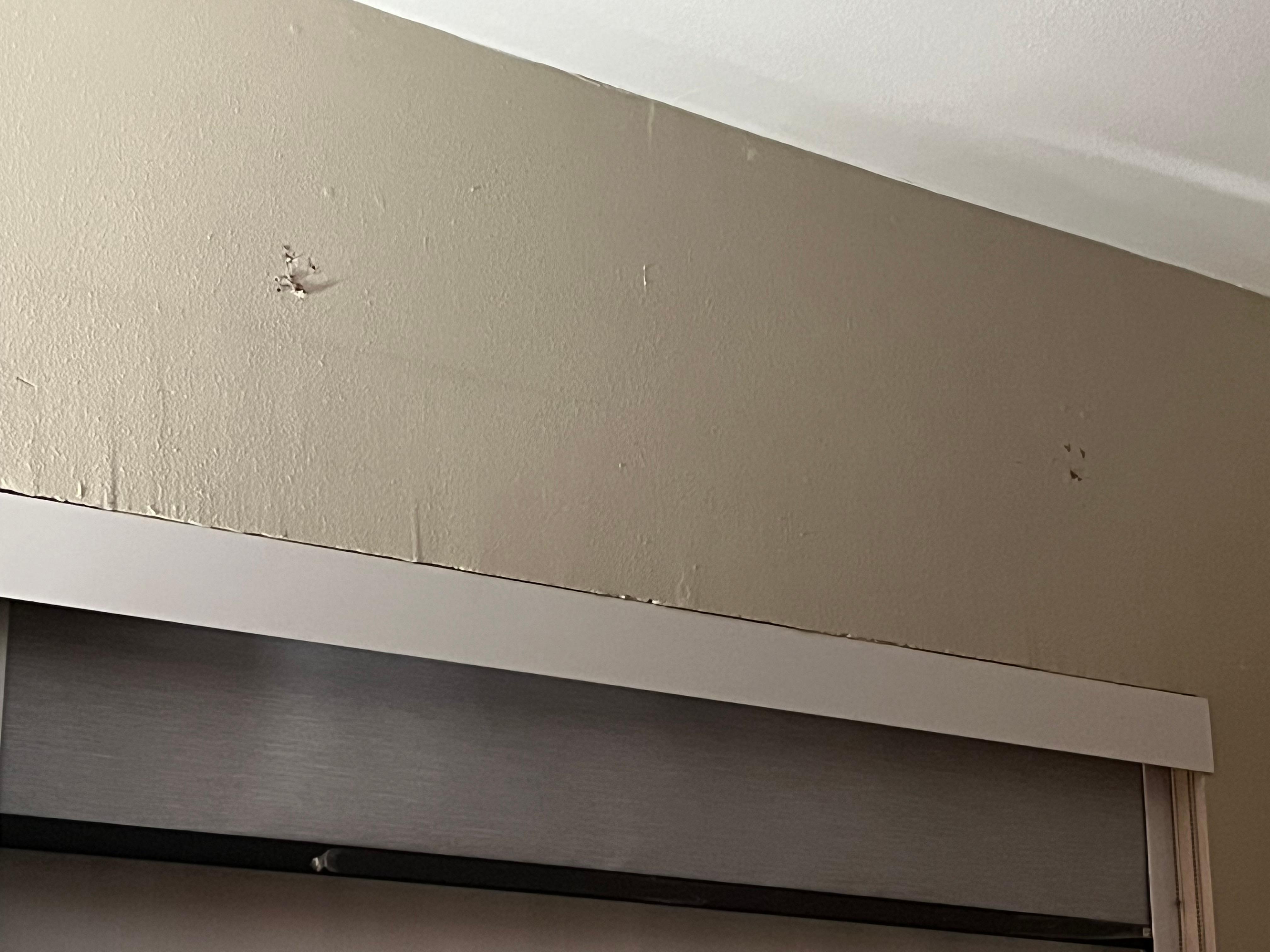 Holes above window and water damage room 223