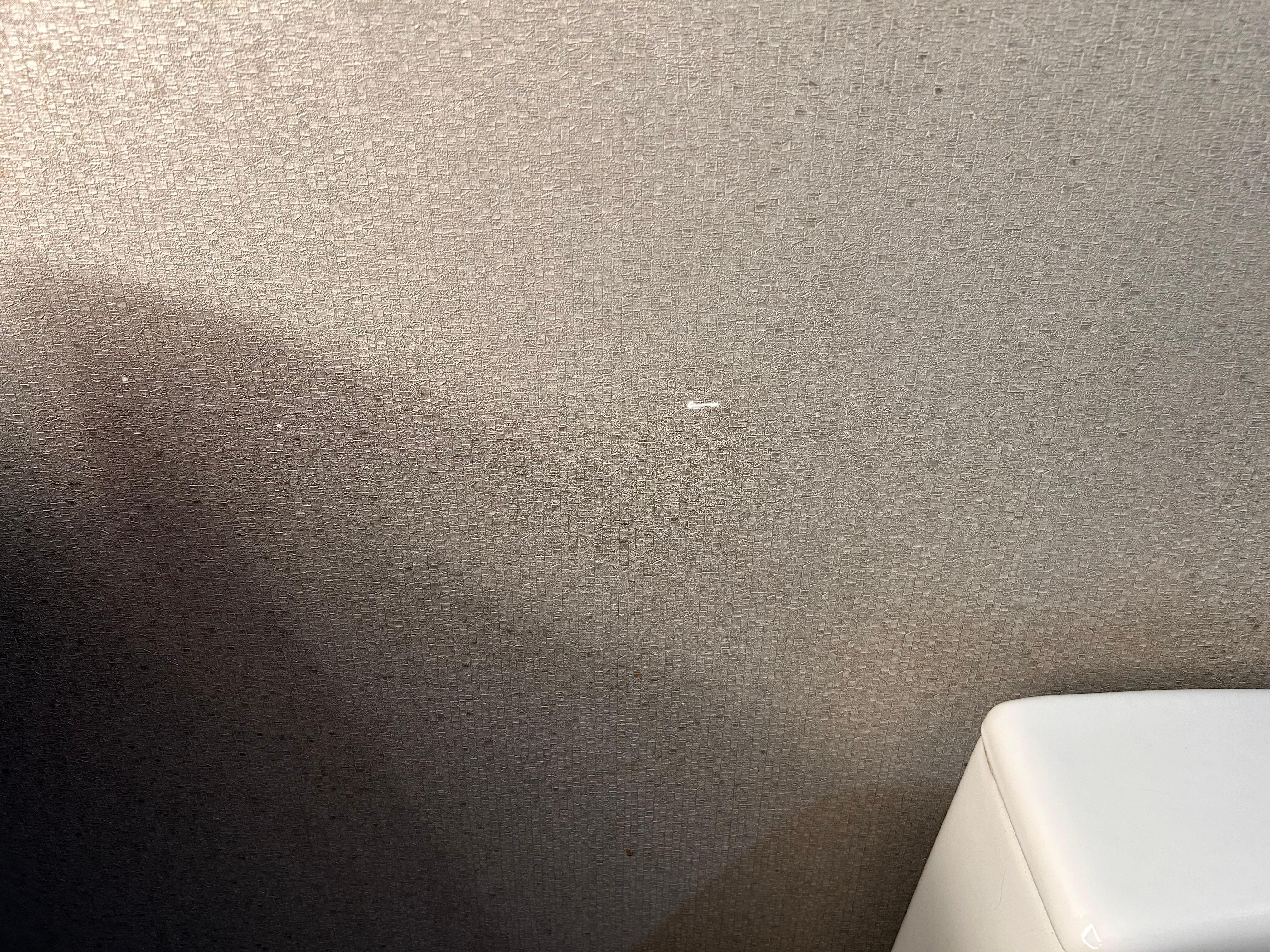 Toothpaste splattered on the bath wall next to the vanity. 