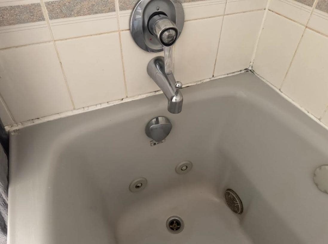 Old mould in bath; no plug for either bath or bathroom sink