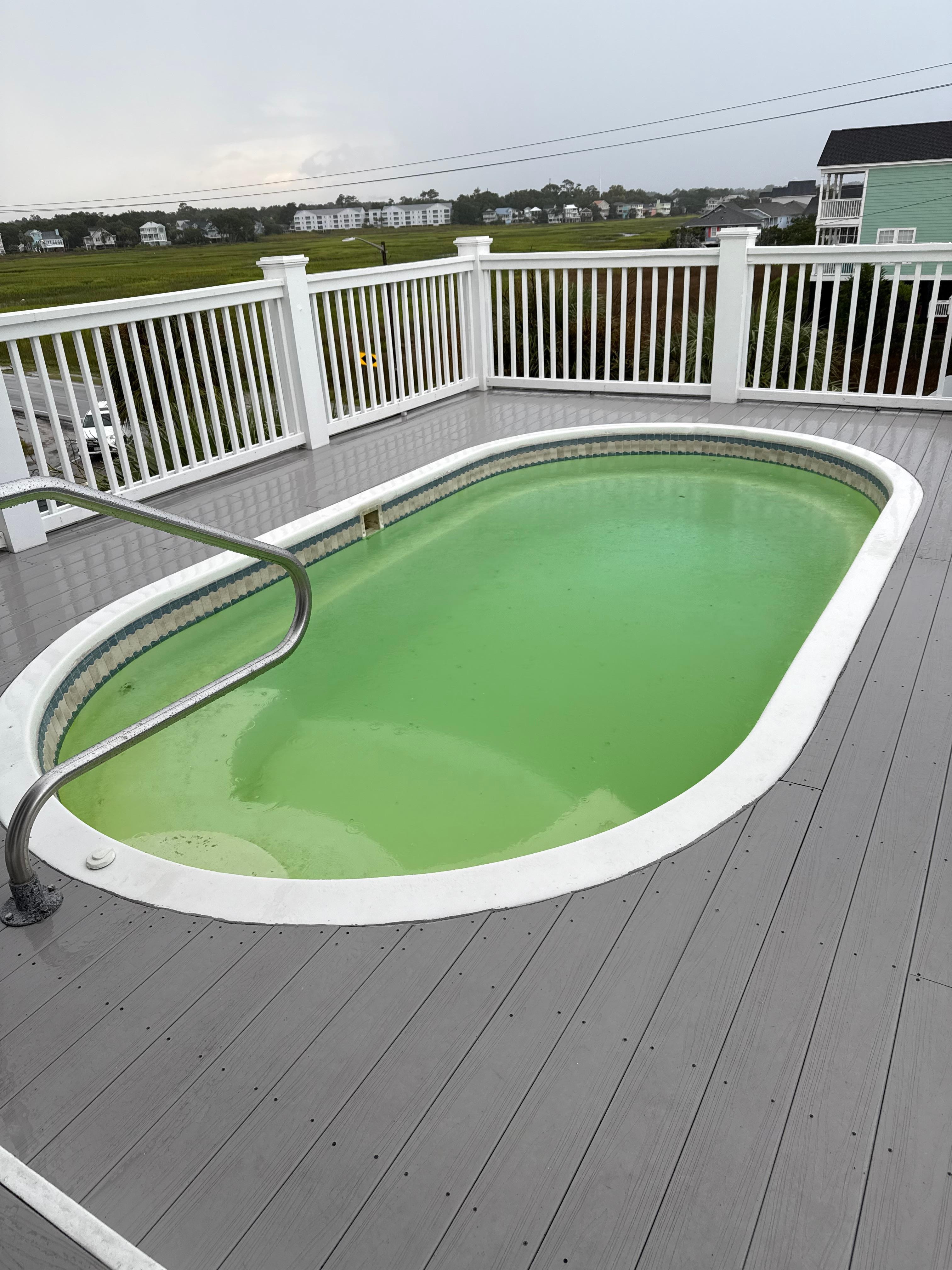 Green pool that owner knows about for over a week but too cheap to buy a good pump to keep it working according to the pool guy