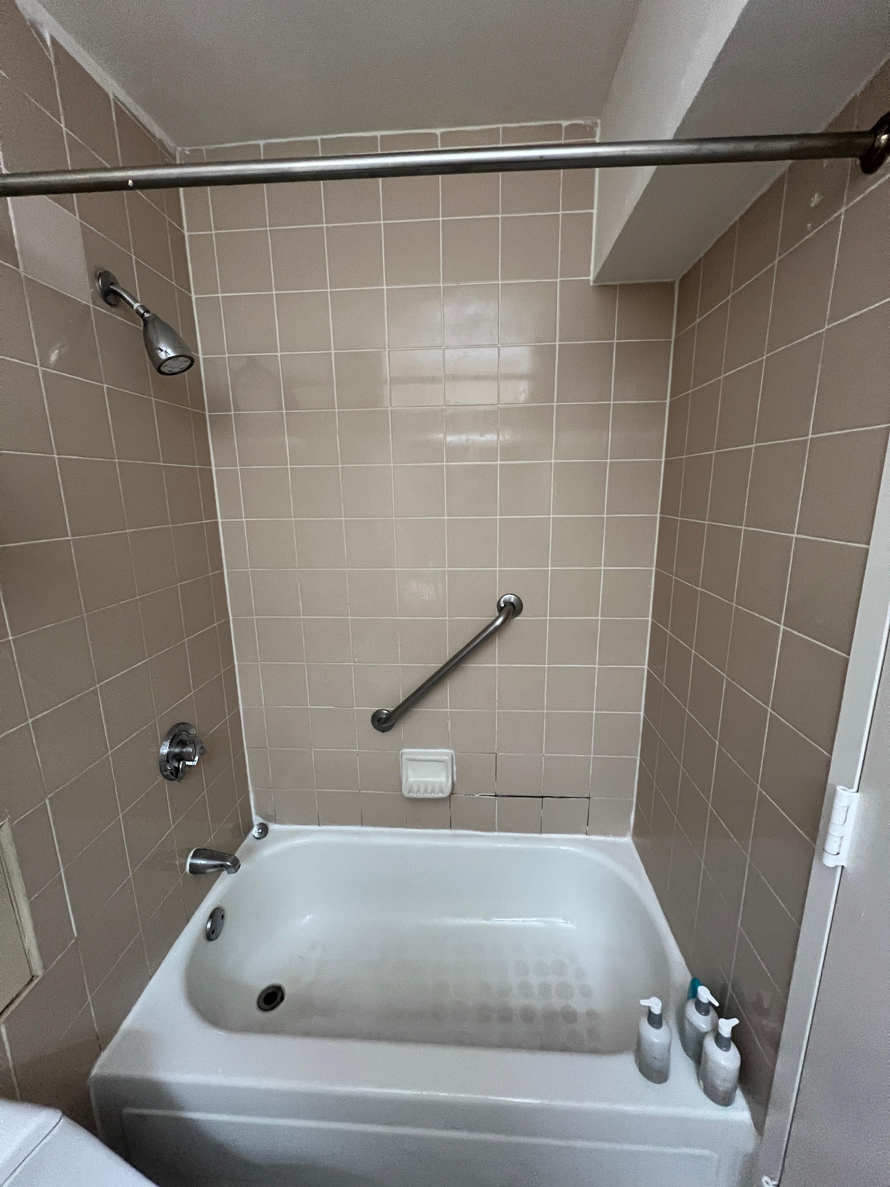 Missing tiles and shower curtain 