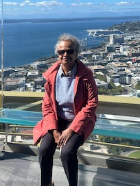 Top of Space needle overlooking the city from observation deck