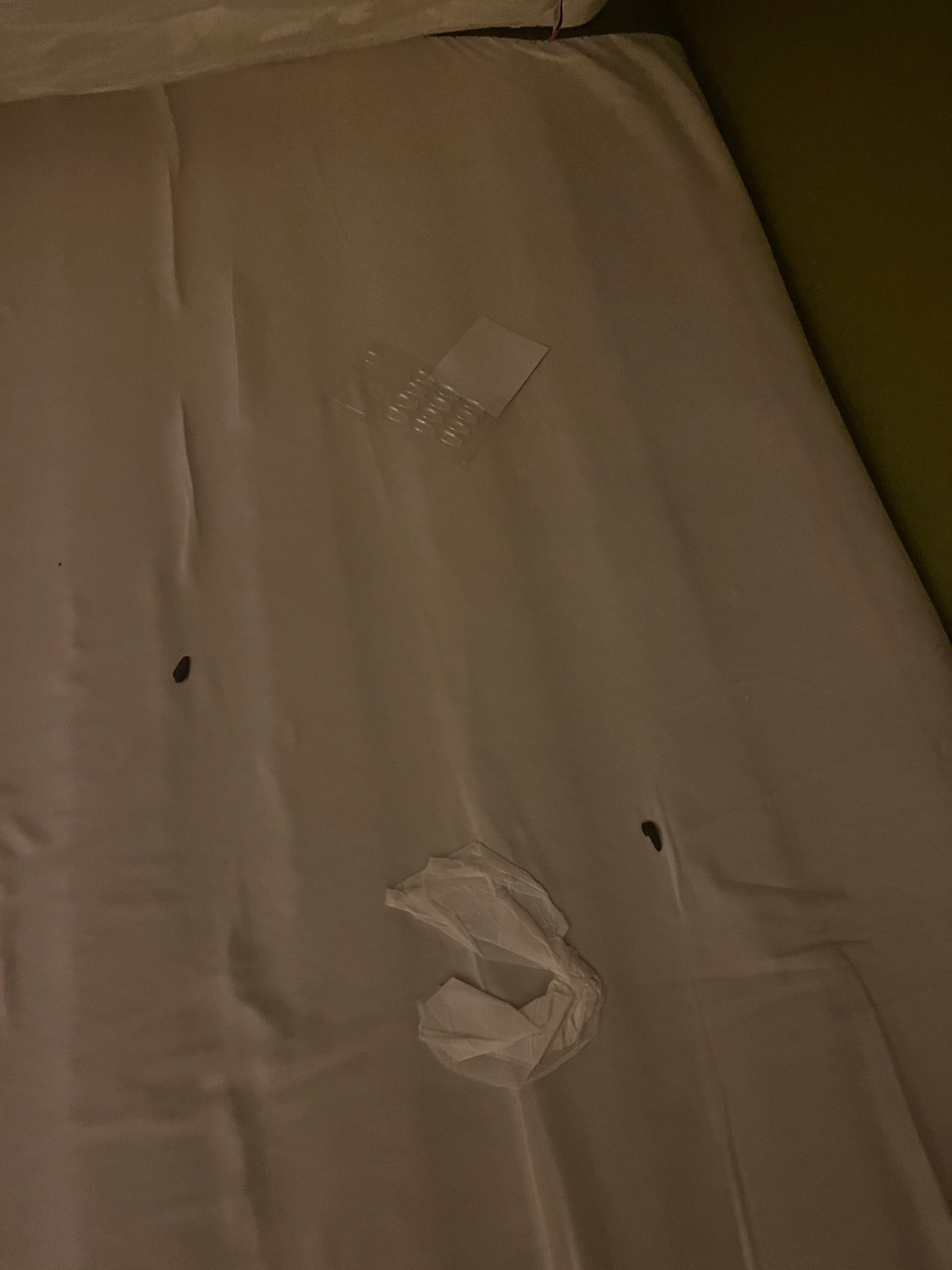 Box spring under mattress- Kleenex, sunflower seed shells and finger nail package