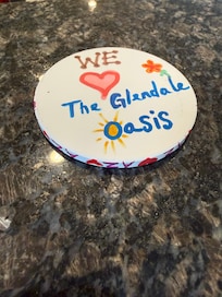 My wife created custom coasters to leave for future guests.