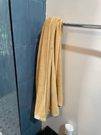 Dirty towel has been in bathroom for weeks.