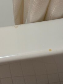 Cigarette burns on tub and sink, debris  on floor and unmopped