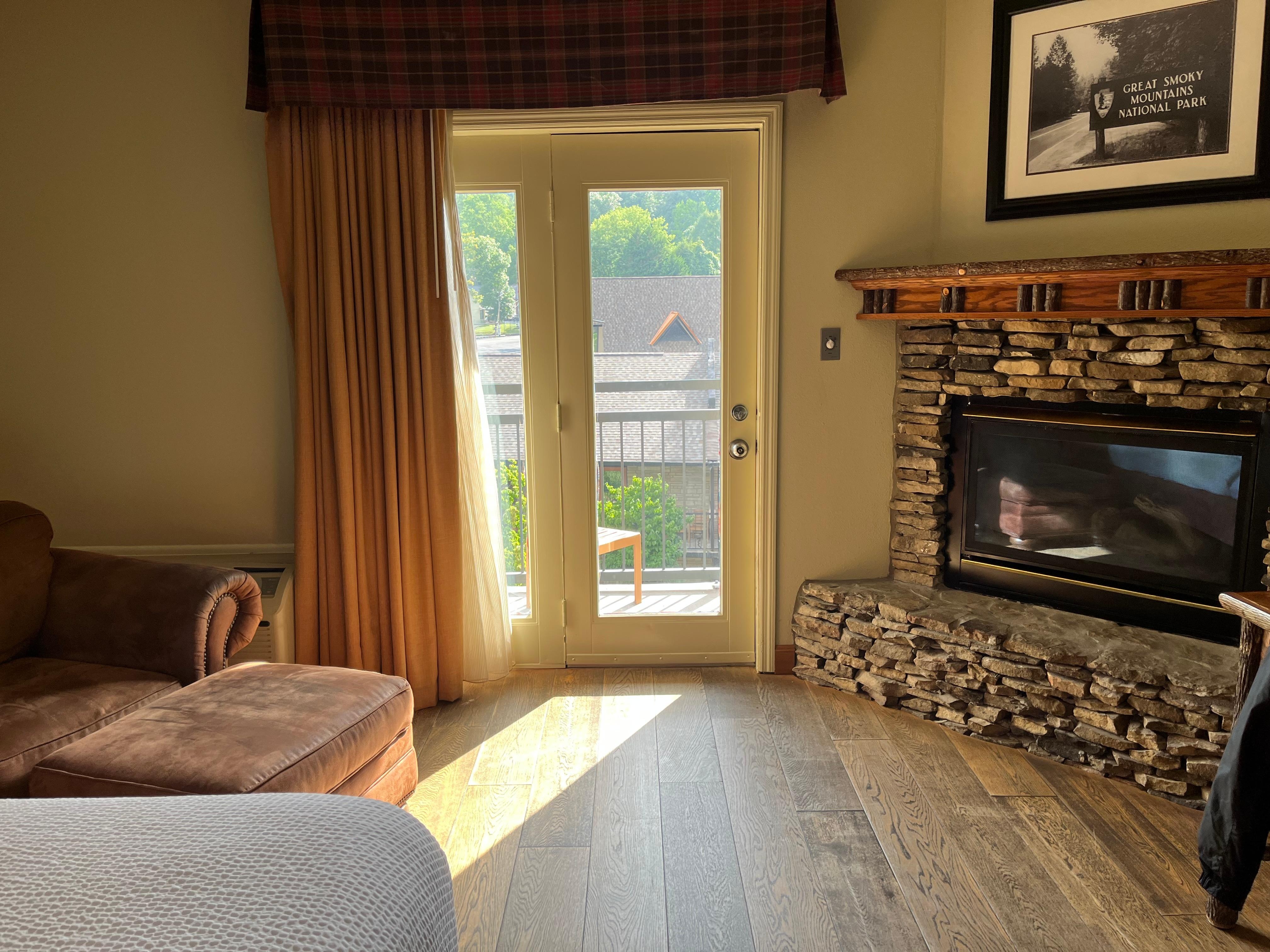 Fireplace in room.