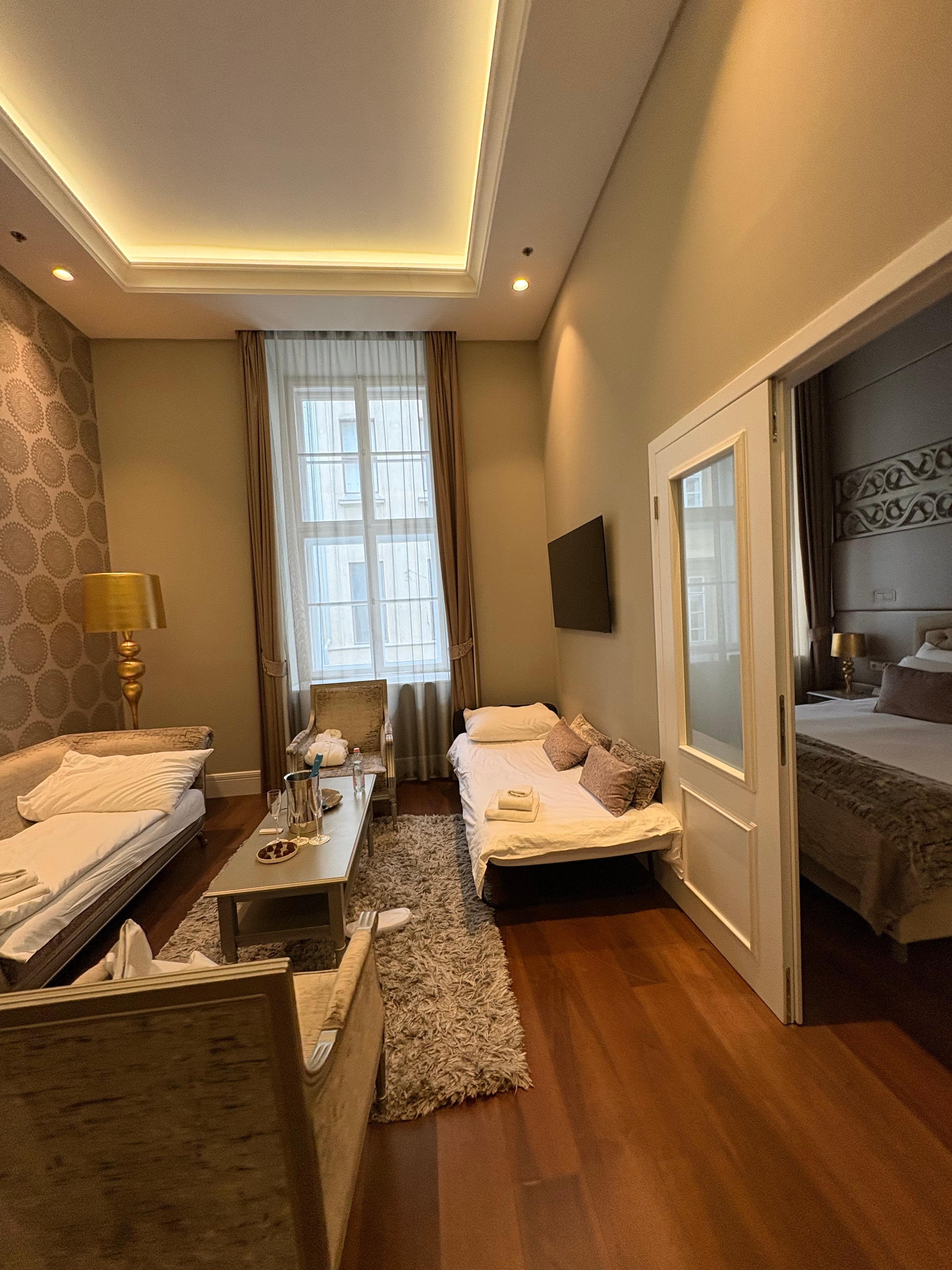 Living room: couch on the left, rollaway on the right.