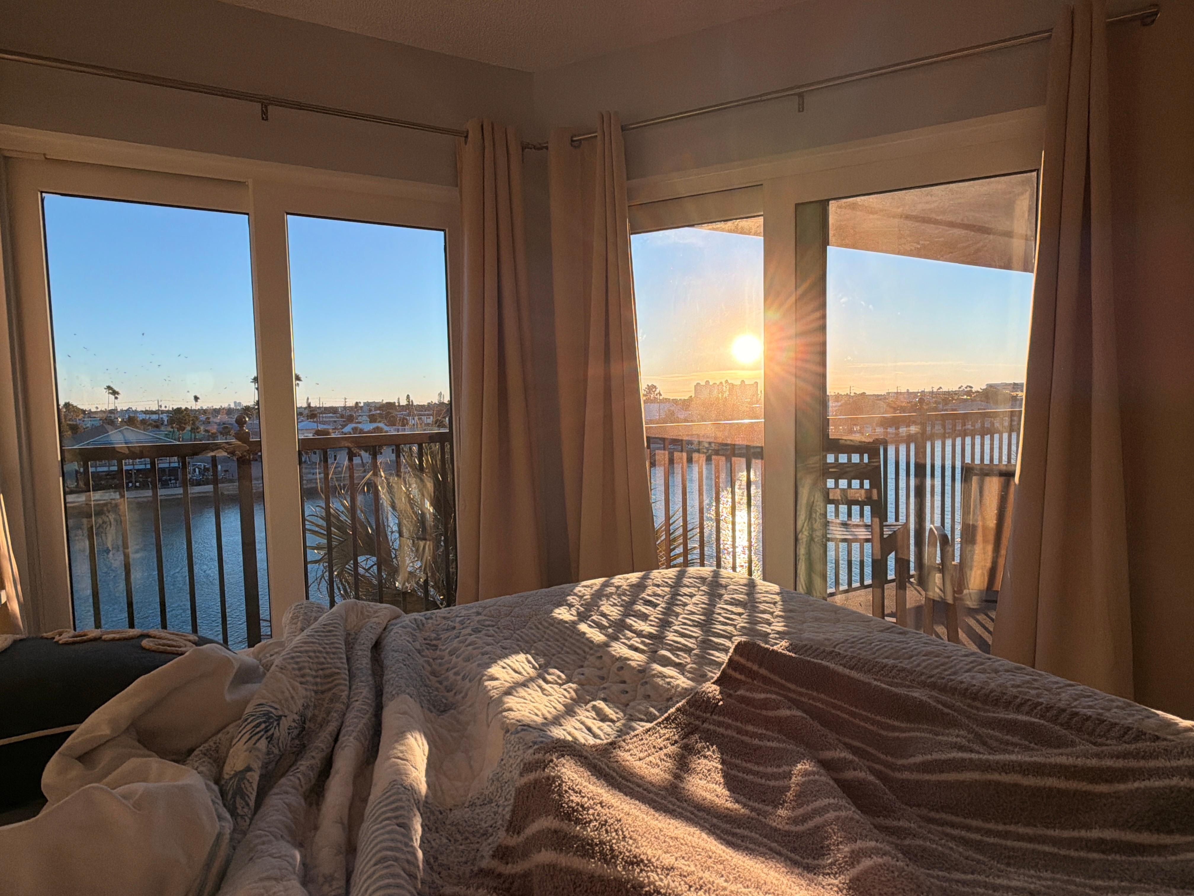 Watching sunrise from the kings size bed every morning. 