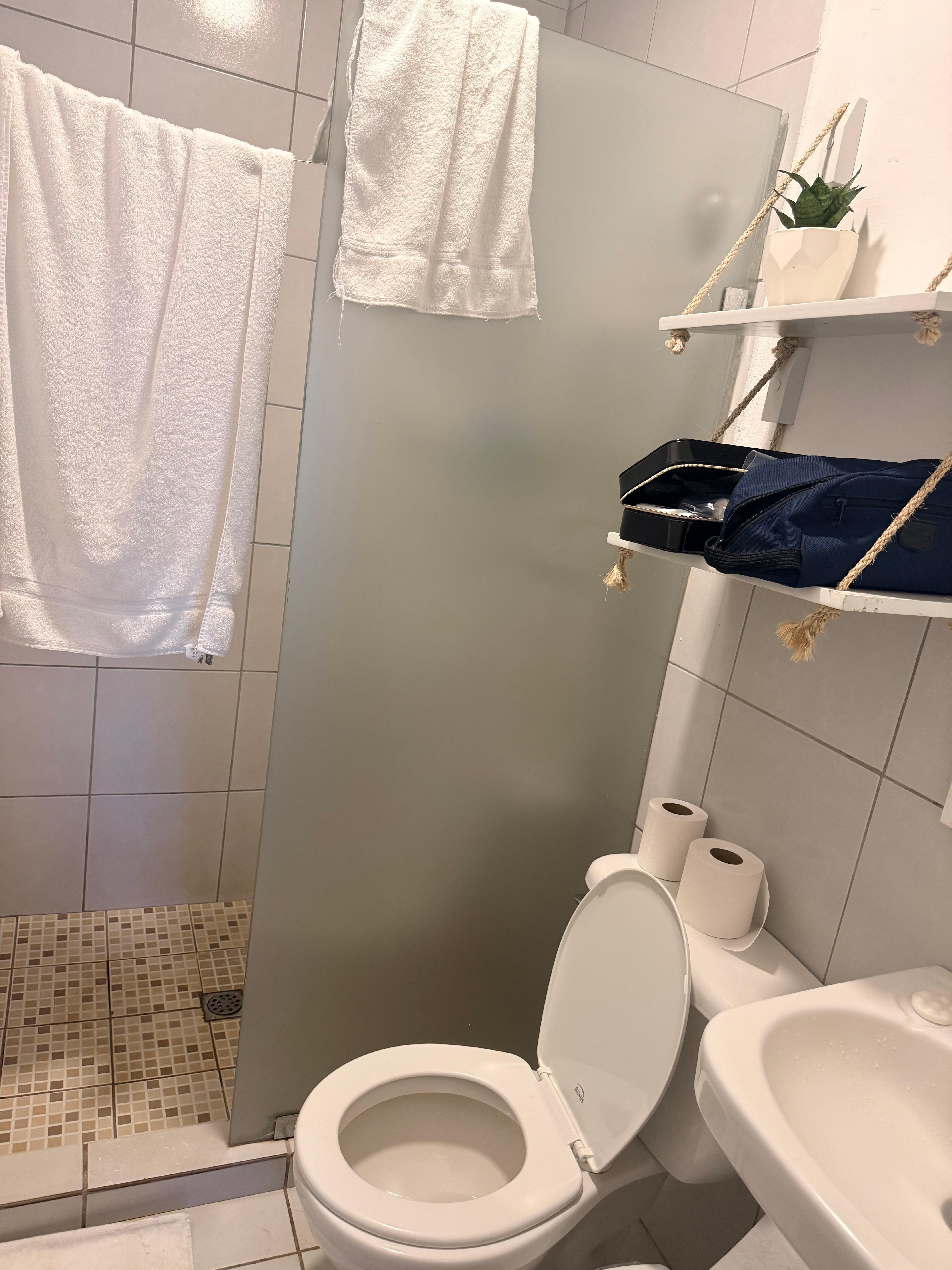 Tiny bathroom, don’t lean on the sink or the top will come off. Grout in the shower is really nasty. Shelves felt like they were going to come off the wall